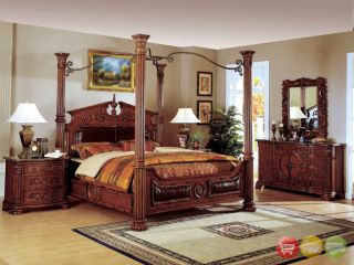 Romeo King Poster Canopy Bed 4 Piece Bedroom Set Cherry Finish w 