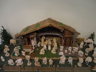 Vintage Toni Baur Germany Huge Nativity Wood Crib Stable Figures Set 