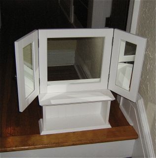 White Triple Mirror with Bead Board Doors & Shelf for Bathroom