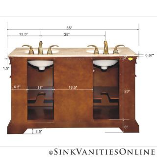     Travertine Top Double Bathroom Sink Vanity Cabinet (Cherry Finish
