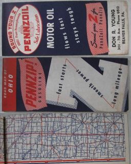 1930‘s Ohio Road Map Pennzoil Young Beaver Falls PA
