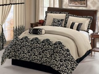 7pcs Queen Black and Beige Scroll Embroidered Comforter Set