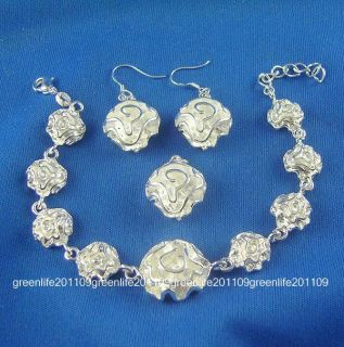 Beautiful Silver Rose Earring Pendant Link Bracelet Set