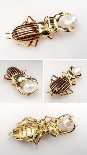 Vintage Stag Beetle Brooch Pin Pearl & Enamel 18K Gold skuhh224