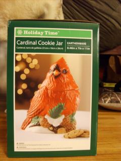 NIB Red Cardinal Bird Winter Pine Cone Branch Earthenware Cookie Jar