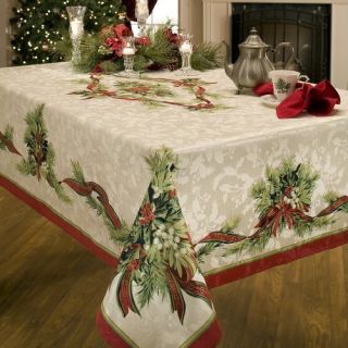 Benson Mills Christmas Ribbons Engineered Printed Fabric Tablecloth 60 