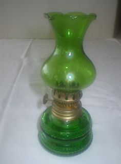 VINTAGE MINIATURE OIL LAMP ~ GREEN GLASS ~ FLUTED SHADE ~ Made in Hong 