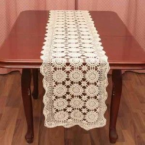 Hand Crochet Lace Ecru Cotton Table Runner 16 x 90 T13