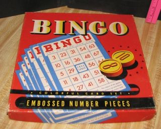 Bingo Set in Box Complete with Wood Embossed Number Pieces Wood Card 