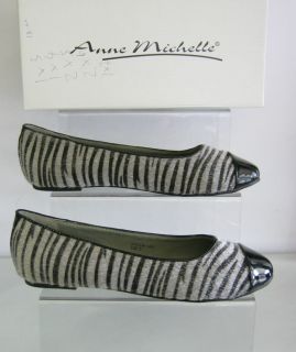 Anne Michelle Ladies Ballet Pump Grey Zebra Poney Print Black Patent 