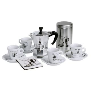 Bialetti Moka Express 7 pc designer espresso maker cup & saucer 