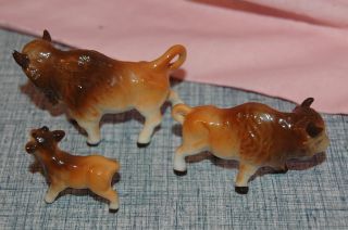 Vintage Buffalo Bison Family 3 Miniature Bone China Tiny Statue 