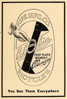 1895 Ad Columbia Bicycles Plate Bikes Pope Hand Cycles   ORIGINAL 