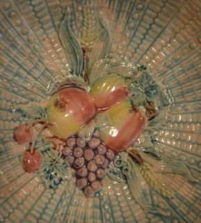 Majolica Pottery Dish w Grapes Wheat Cherries Fruit