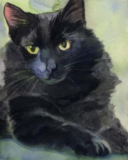 Print Black Cat Long Hair Watercolor Art Painting