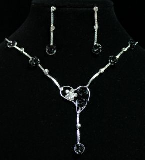    Flower Rhinestone Crystal Black Rose Necklace Earrings Set NA0152