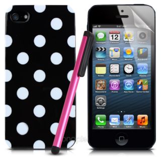 Black / White Polka Dot Silicone TPU Cover Case Touch Pen + Film for 