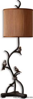 Designer Billy Moon Birds on Branch Table Lamp w Woven Bamboo Shade 