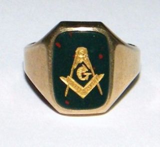 Vintage 10K Yellow Gold Bloodstone Masonic Masons Ring Size 9
