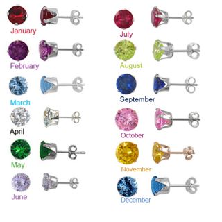 Birthstone Color 925 Sterling Silver Round CZ Stud Prong Set Earrings 