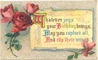 1913 Antique Postcard Birthday Wishes Poem and Roses