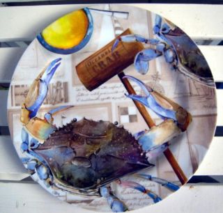 Blue Crab Melamine Outdoor Plates Dinnerware Nautical Beach Decor Set 