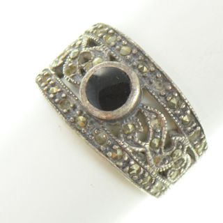 Vintage Sterling Silver Marcasite Black Onyx Ring 6 25 YA572