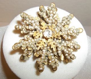 Miriam Haskell Signed Wired Seed Pearls Gilt Brooch Pin