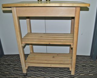 Light Wood Butcher Block Rolling Cart With Drawer & 2 Shelves Cutting 