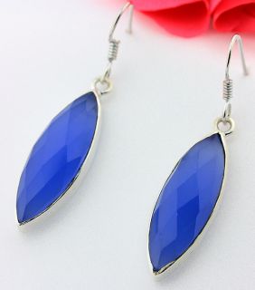    Silver Blue Marquise Chalcedony Artisan Dangling Earrings Jewelry