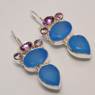 Blue Chalcedony Pink Amethyst 925 Silver Earrings 1 80