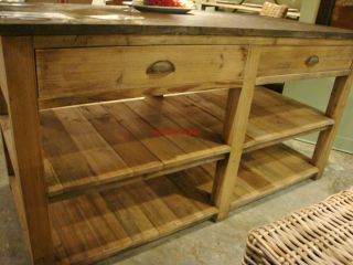 Reclaimed Pine Wood Kitchen Island with Blue Stone Top