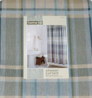 Blue Tan Woven Plaid Fabric Shower Curtain