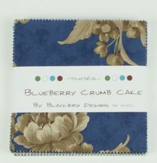 BLUEBERRY CRUMB CAKE MODA FABRIC 5 SQUARES CHARM PACK BLUE TAN 
