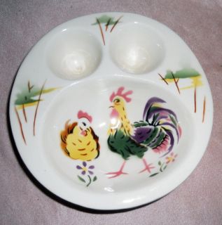 Vintage Boiled Egg Divided Serving Dish Holds 2 Eggs with Bowl Rooster 