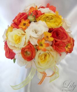 17pcs Wedding Bridal Bouquet Flower Round Orange Yellow