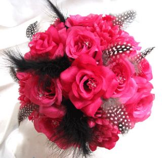   Silk Flowers Hot Pink Fuchsia Black 17pc Package Bouquets