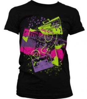 Neon Boomboxes and Cassette Tape Junior Girls T Shirt Funky Trendy 