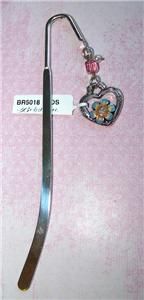   BRIGHTON ORCHARD Silver Flower & Heart wBlue & Pink Crystals Bookmark
