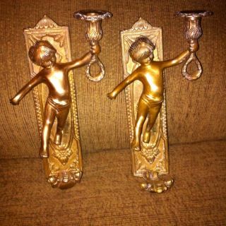 Vintage Solid Heavy Brass Cherub Candle Holder Light Wall Sconces Two 