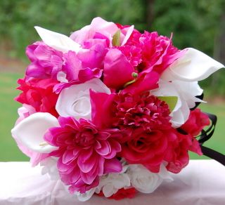 Wedding Bouquet Boutonniere Corsage Flower Arrangement Hotpink White 