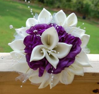 Wedding Bouquet Boutonniere Corsage Flower Arrangement Purple Ivory 