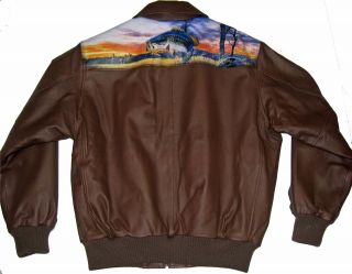 Gone Fishing Leather Jacket M Bradford Exchange Brown Bomber Al Agnew 