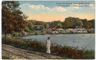 1910s Lake Brady Park Oh Beach Scene Lady Cottages Postcard Kent 