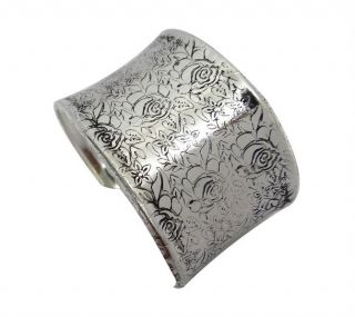 Silver Tone Brass Cuff in Carved Design Adjustable Bracelet Jewelry 