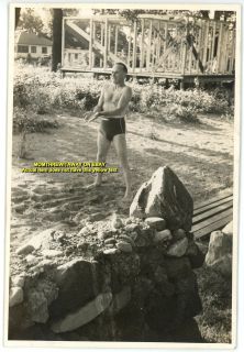 1938 Photo Canada Ontario Lypps Beach Man Bathing Trunks Big Bulge 