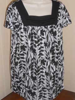 Black and White Foliage Print Blouse Flutter Sleeves 1X LOOK