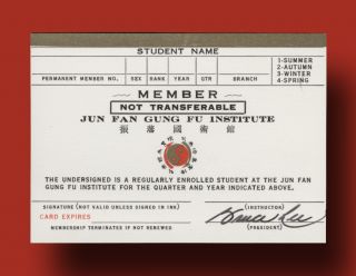 Bruce Lee Signed Jun Fan Gung Fu Institute Membership Card