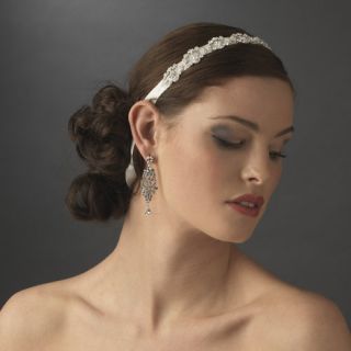 Silver Rhinestone White Bridal Ribbon Headband