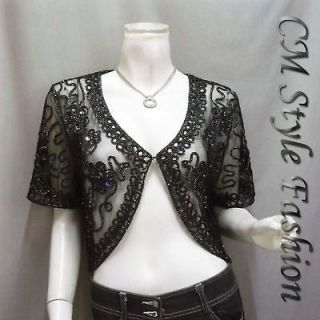 Sequined Embroidery Shrug Glam Bolero Top Black M